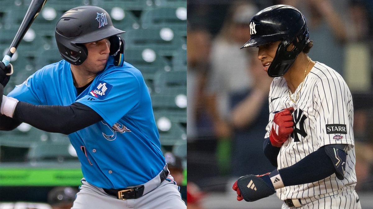 George Lombard Jr. in Yankees pinstripes and Jacob Lombard in Jupiter Hammerheads uniform on night of their simultaneous debuts