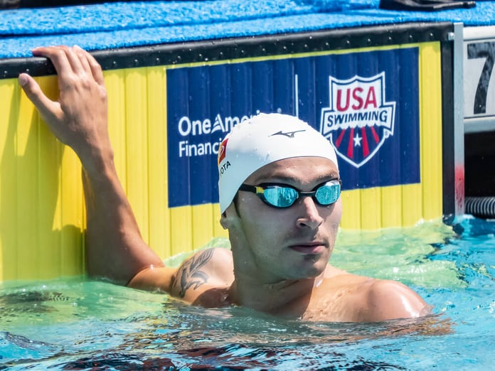 Luca Urlando celebrates after swimming 1:53.11 in the men's 200m butterfly to break Michael Phelps' meet record at the 2026 Pan Pacific Championships in Irvine