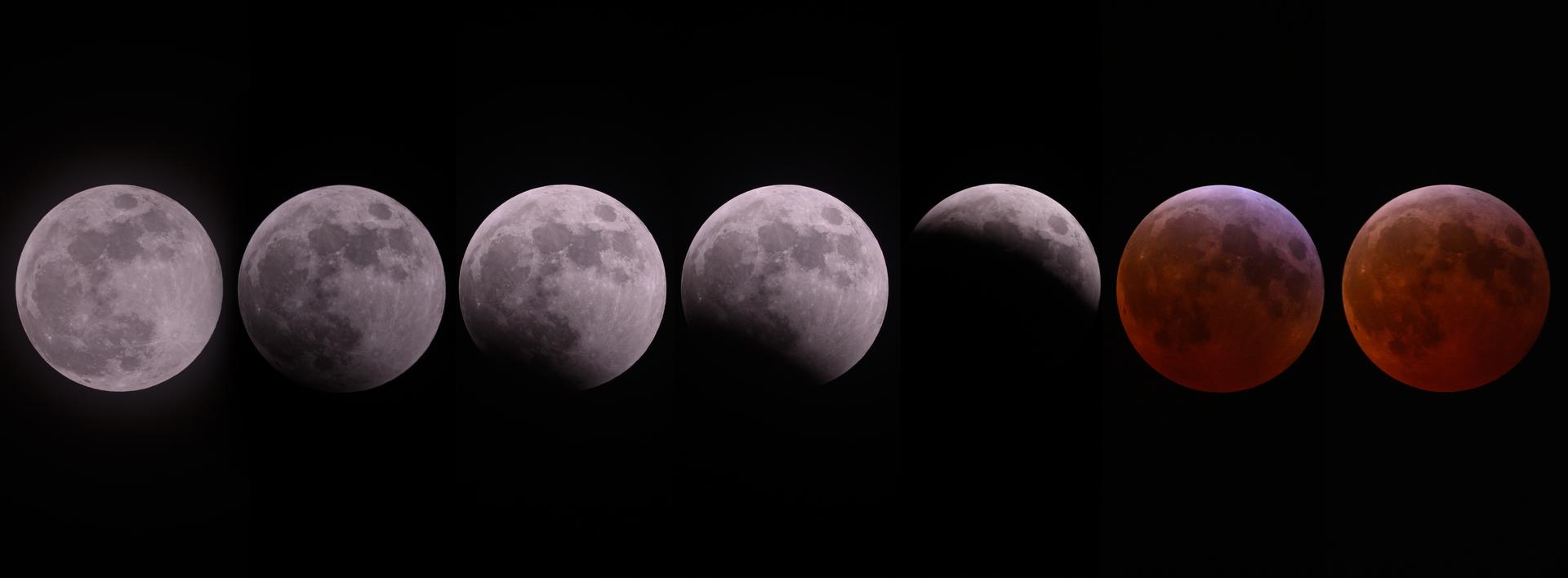 A composite of seven images showing a lunar eclipse progressing from the initial partial phase through to a deep copper red totality