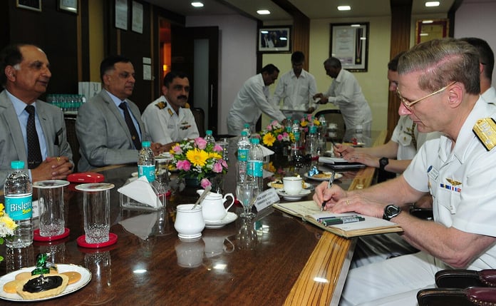 Commander of the US 7th Fleet Vice Admiral Joseph Aucoin during a visit hosted by Mazagon Dock Shipbuilders in Mumbai