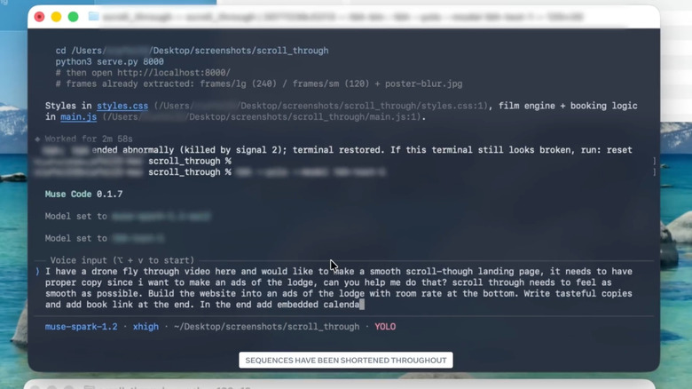 Screenshot of Meta Muse Code AI coding agent running in a terminal window