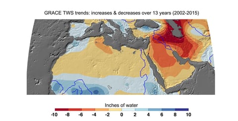 NASA GRACE satellite mission data showing the Middle East and North Africa region including Iran Iraq Syria and the Arabian Peninsula