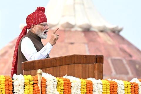 India's Prime Minister Narendra Modi addresses the nation from the ramparts of the Red Fort on Independence Day in New Delhi on August 15, 2026