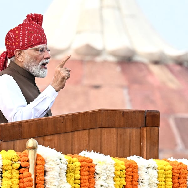 India's Prime Minister Narendra Modi addresses the nation from the ramparts of the Red Fort on Independence Day in New Delhi on August 15, 2026
