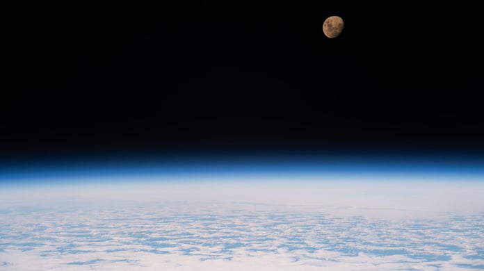 The moon phase today is a waxing gibbous, seen here above a cloudy Indian Ocean from the International Space Station