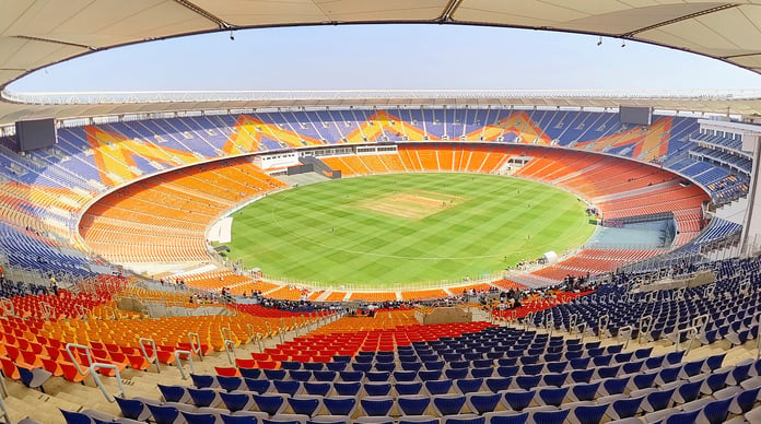 A general view of the Narendra Modi Stadium in Ahmedabad from the gallery, the venue of the 2026 T20 World Cup final between India and New Zealand