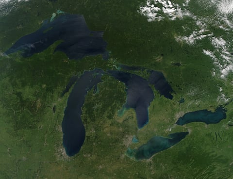NASA Aqua MODIS satellite image of the Great Lakes showing Lake Michigan Lake Erie Lake Ontario Lake Superior lake water supply
