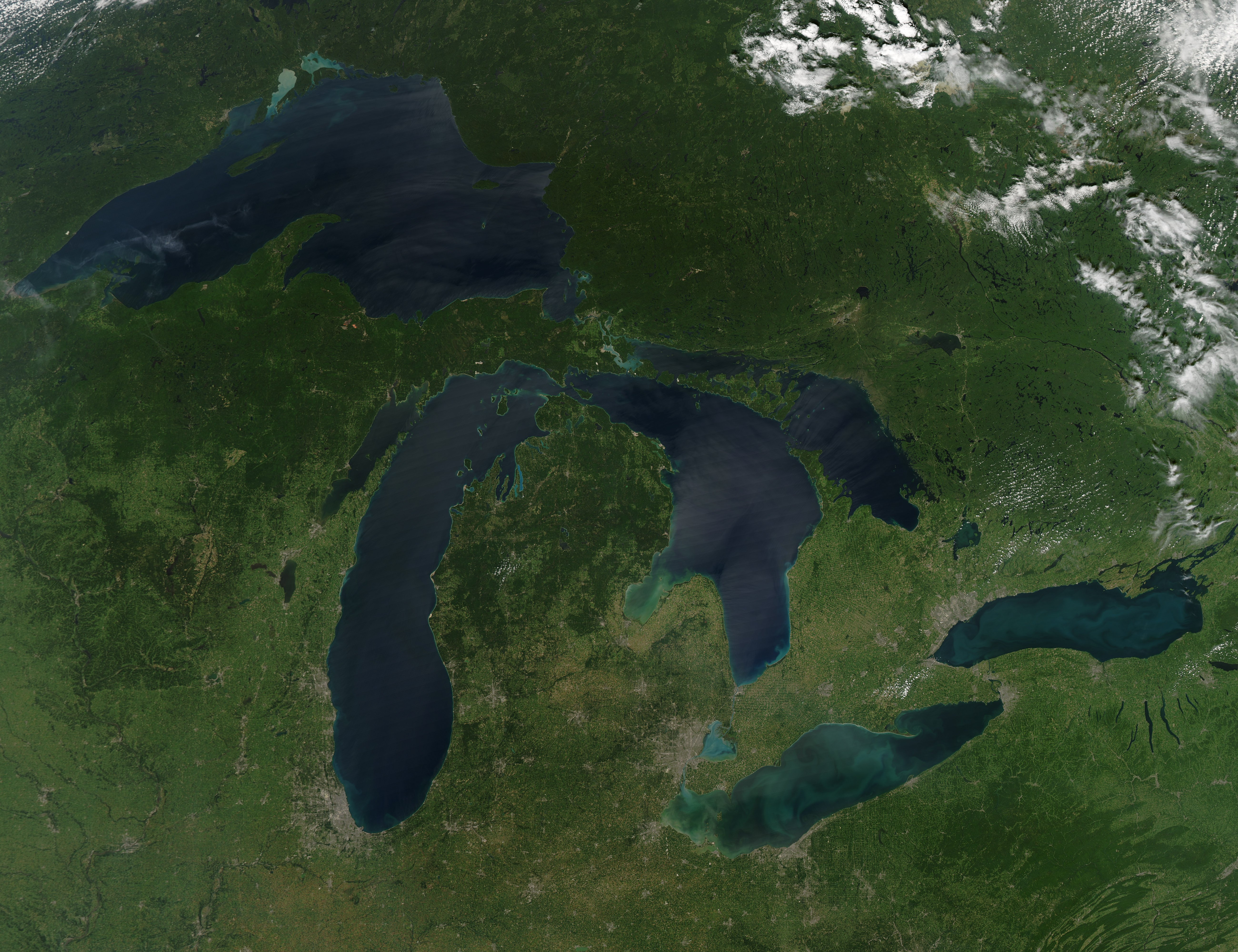 NASA Aqua MODIS satellite image of the Great Lakes showing Lake Michigan Lake Erie Lake Ontario Lake Superior lake water supply