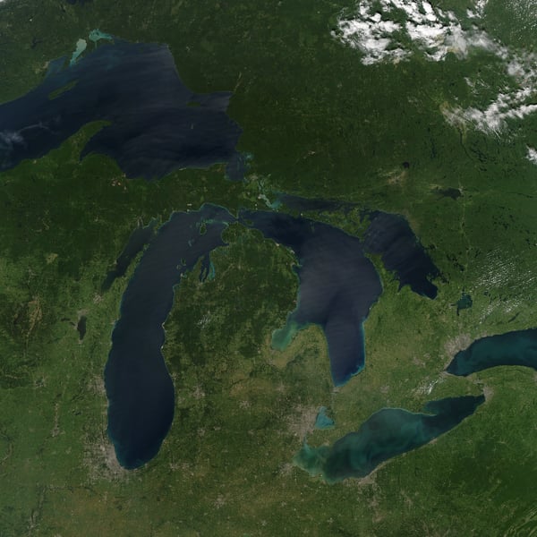 NASA Aqua MODIS satellite image of the Great Lakes showing Lake Michigan Lake Erie Lake Ontario Lake Superior lake water supply