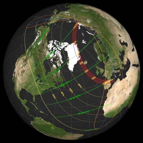 NASA map showing the path of totality for the August 12, 2026 total solar eclipse crossing northern Spain through Bilbao, Zaragoza and Valencia at sunset