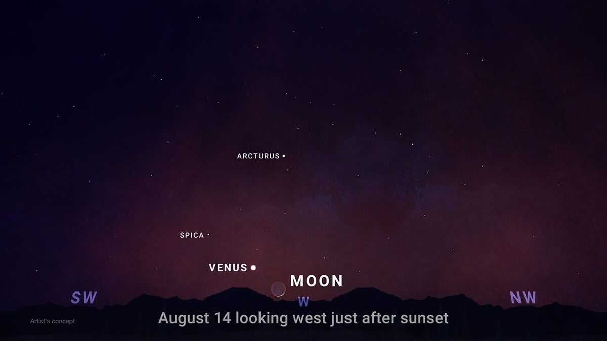 NASA skywatching diagram showing Venus at greatest eastern elongation in the August 2026 evening sky low in the western horizon after sunset