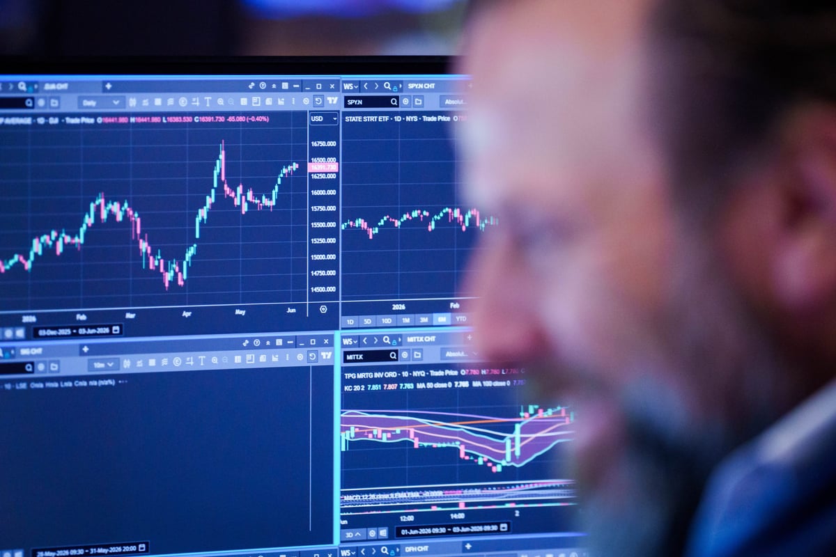 Nasdaq Composite today: a trader watches screens showing index and equity price charts