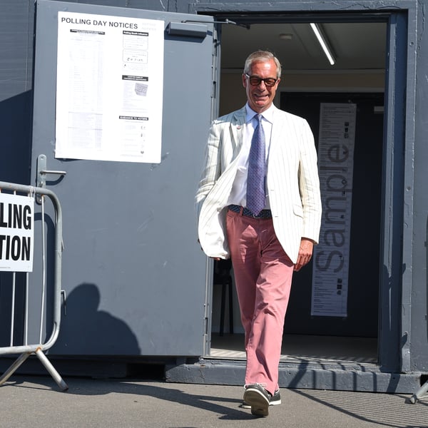 Nigel Farage leaves polling station in Walton on the Naze during Clacton-on-Sea by-election August 2026
