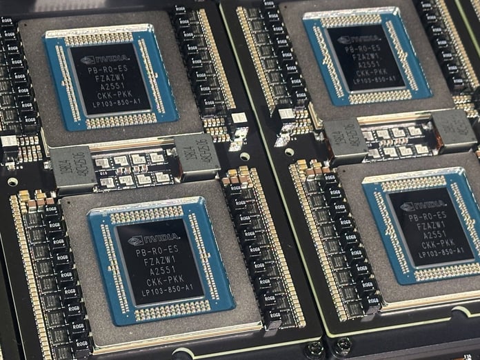 NVDA stock today: a close-up of Nvidia processors mounted on a circuit board, the AI accelerators behind the company 91 billion dollar quarter