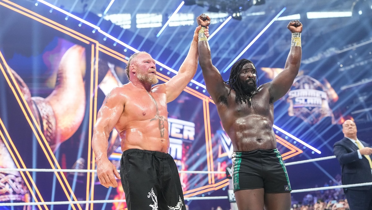 Brock Lesnar raises Oba Femi's arm after WWE SummerSlam 2026 Hell in a Cell match