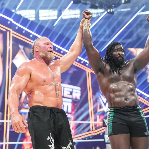 Brock Lesnar raises Oba Femi's arm after WWE SummerSlam 2026 Hell in a Cell match