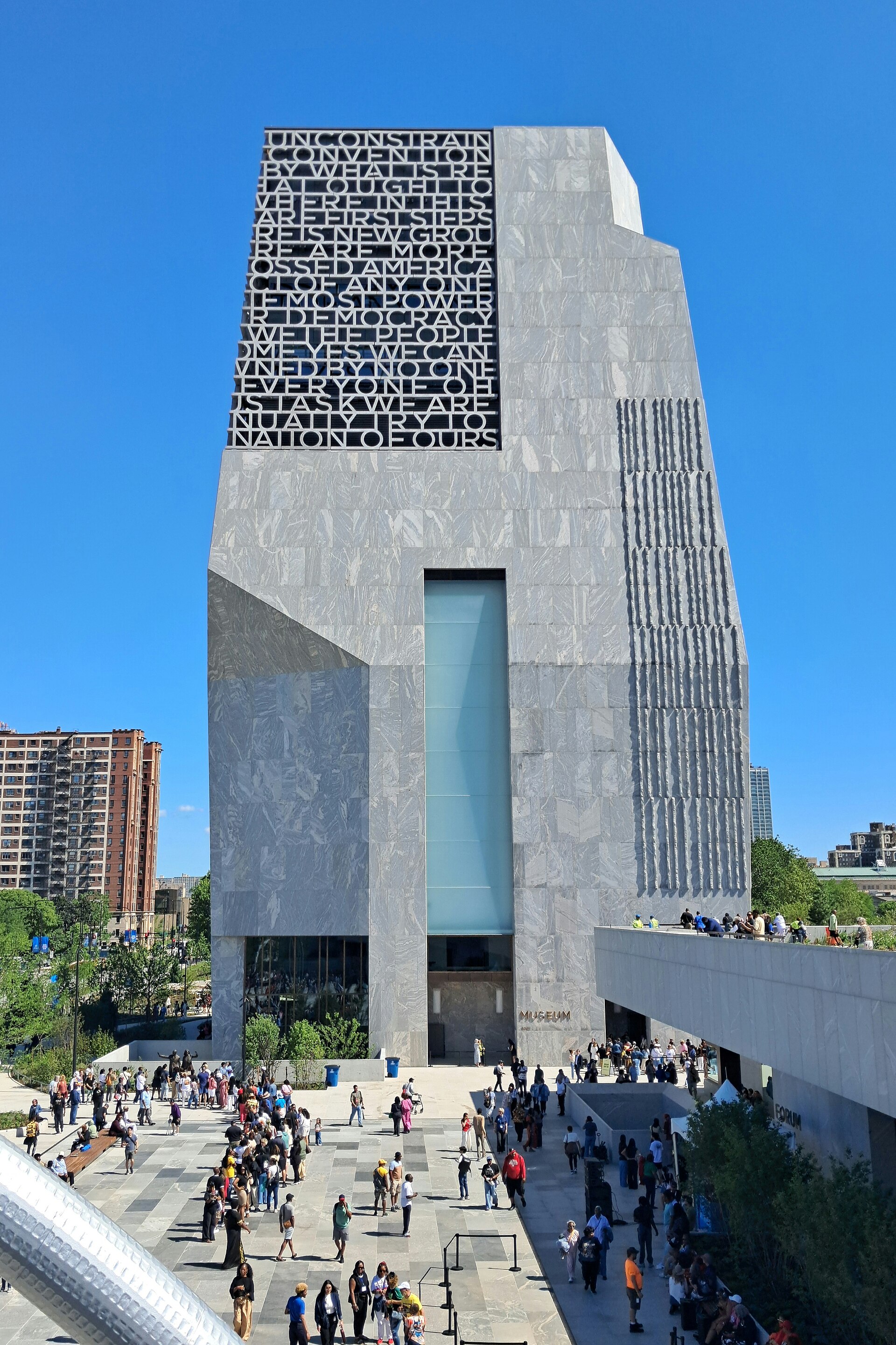 The Obama Presidential Center museum in Jackson Park, Chicago, with crowds on the plaza on its public opening day
