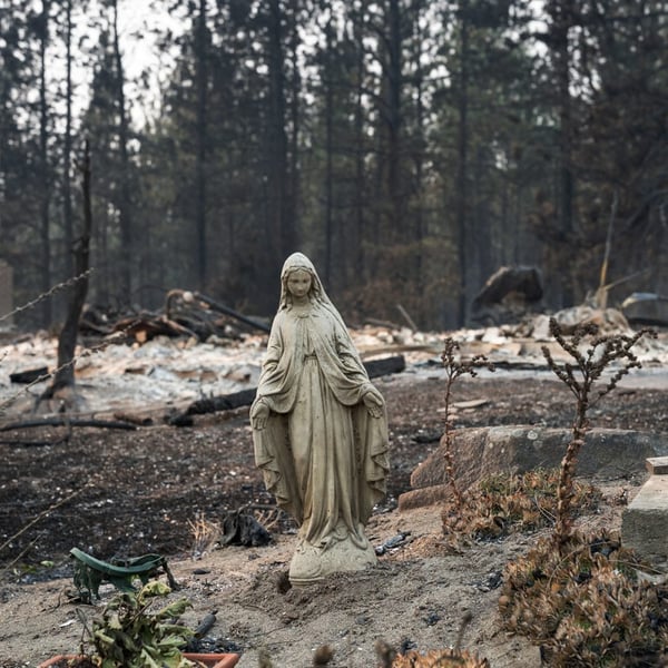 A Virgin Mary statue stands undamaged amid burned ruins of homes in Spokane's Balboa neighborhood after the Old Trails Fire August 2026
