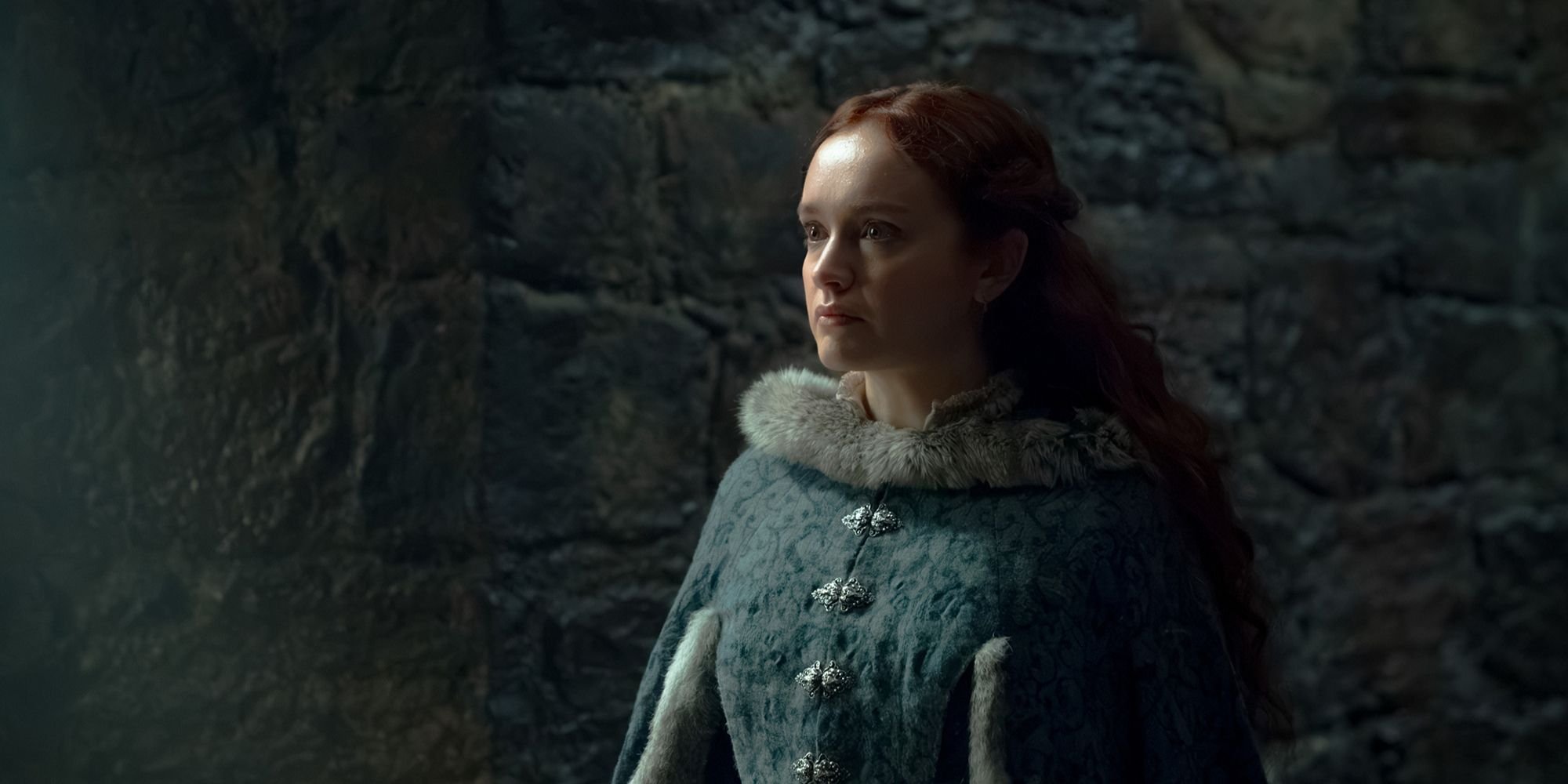 Olivia Cooke as Queen Alicent Hightower facing Aemond at Harrenhal in House of the Dragon Season 3 Episode 7