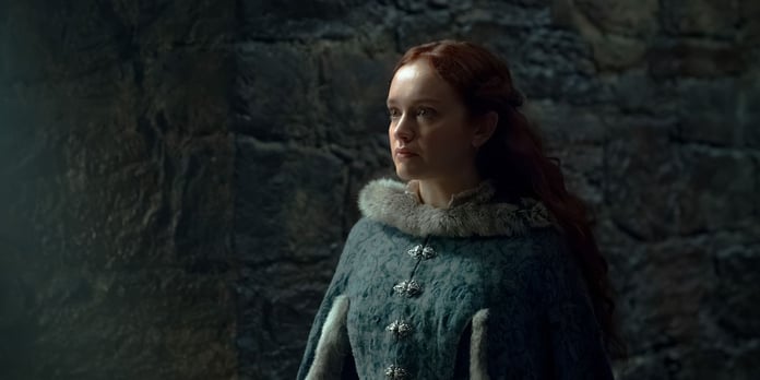 Olivia Cooke as Queen Alicent Hightower facing Aemond at Harrenhal in House of the Dragon Season 3 Episode 7