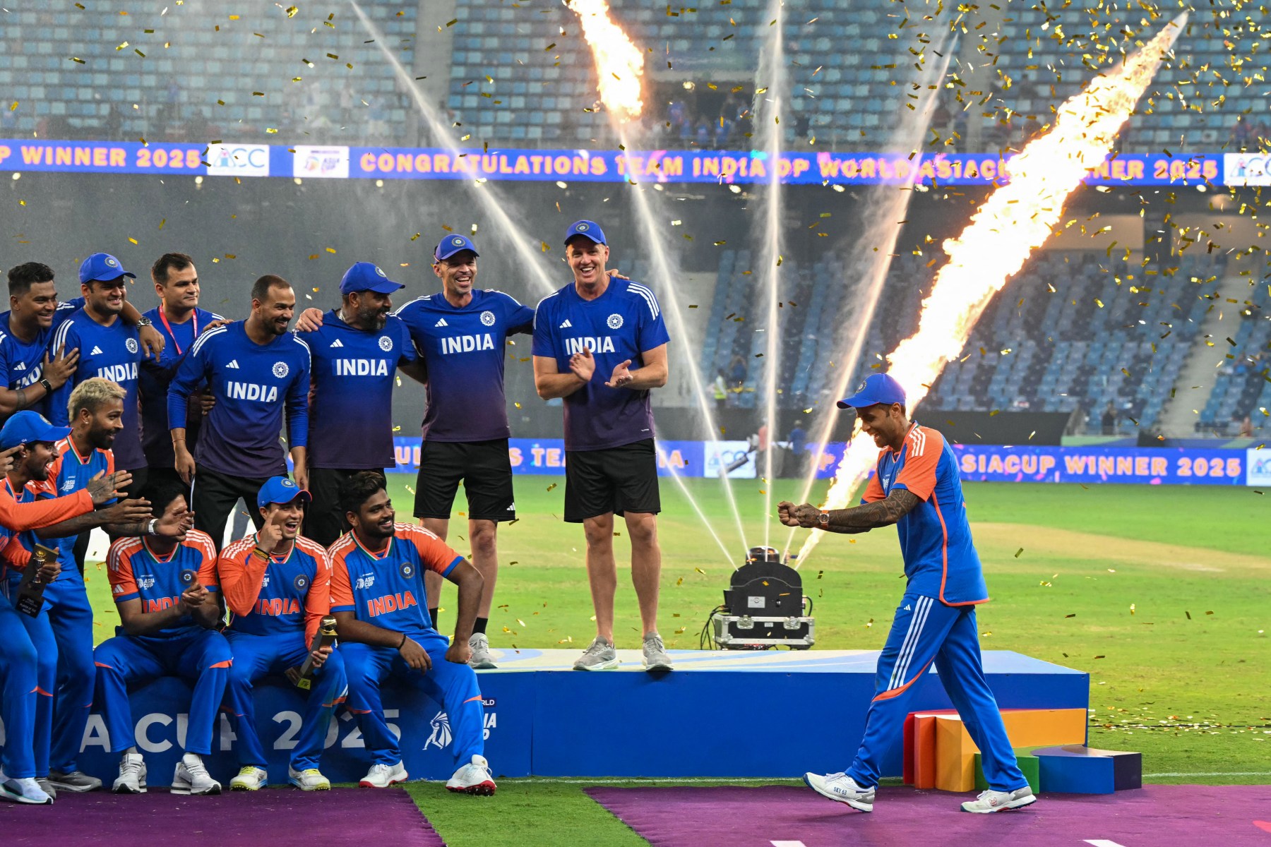 India and Pakistan players at the Dubai International Cricket Stadium during the Asia Cup 2025, the three meetings at the centre of the Pakistan vs India cricket timeline