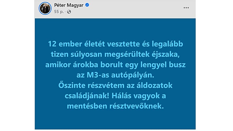 Hungarian Prime Minister Péter Magyar making a statement on the Polish bus crash on Hungary's M3 motorway