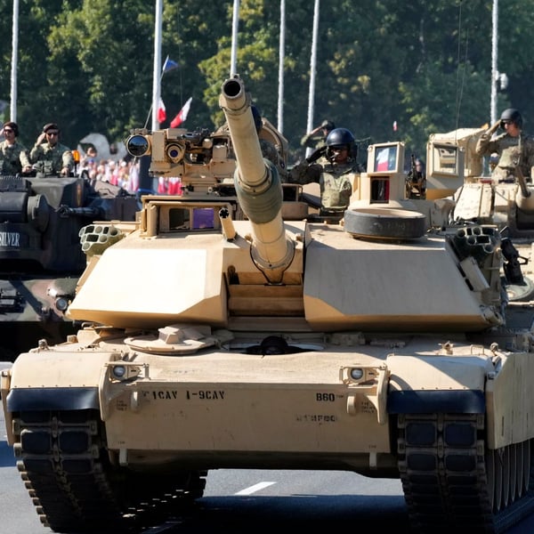 US-made Abrams tanks take part in a Polish military parade in Warsaw
