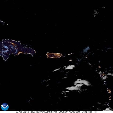 GOES-19 satellite image of Puerto Rico showing atmospheric conditions over the island during the 2026 drought