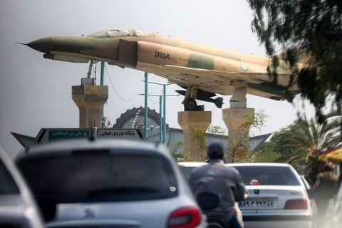 A replica of an Iranian air force warplane displayed in a city square in Bandar Abbas, southern Iran