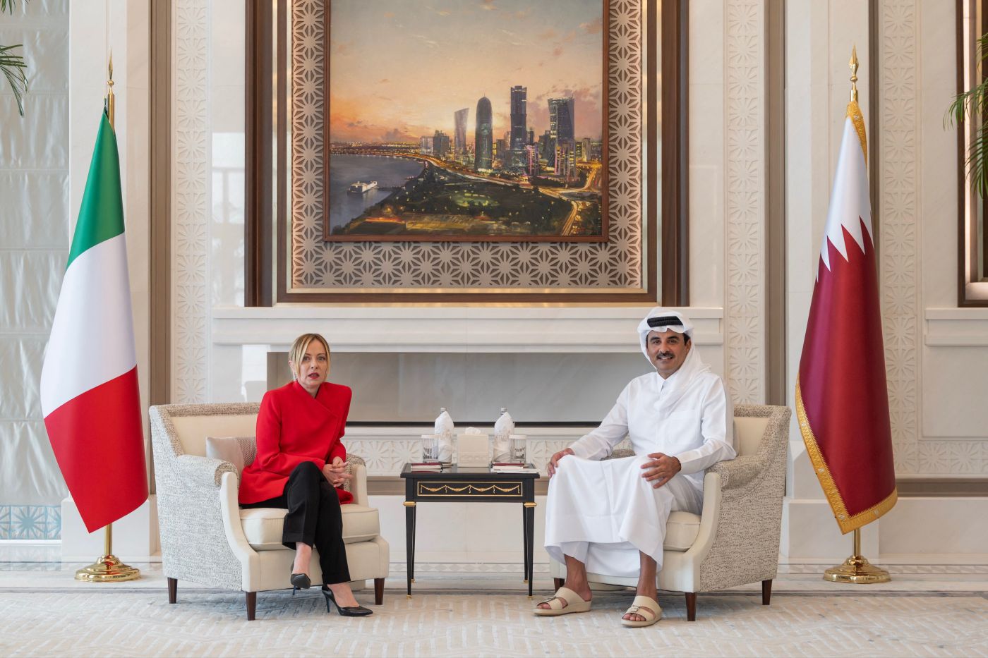 Qatar's Emir Sheikh Tamim bin Hamad Al Thani receiving a visiting leader at Lusail Palace in Doha