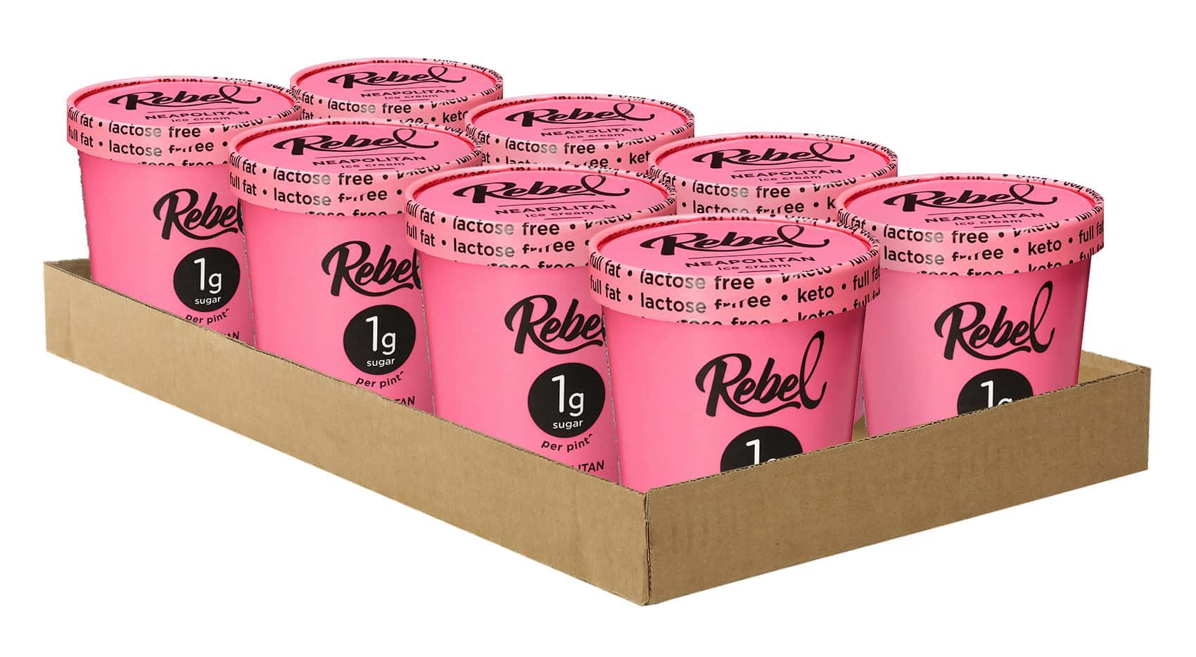 Rebel Creamery Neapolitan flavor ice cream pint case packaging at center of trade dress lawsuit with Van Leeuwen Ice Cream
