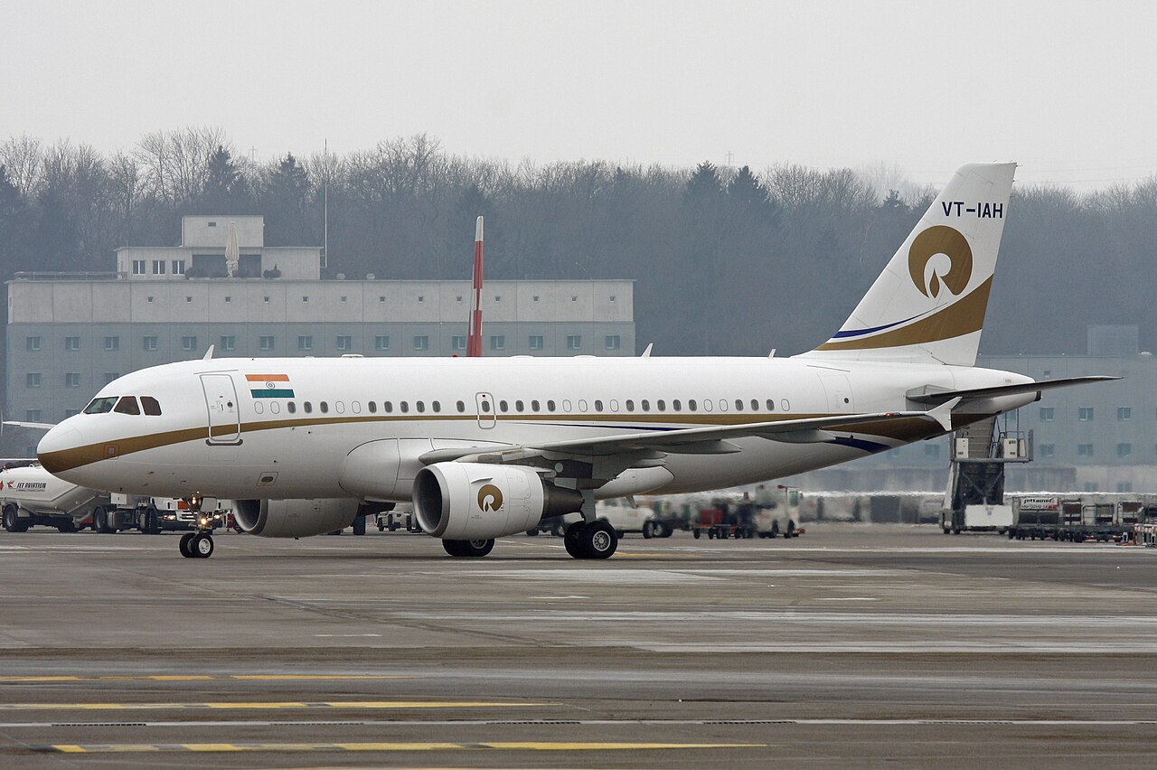 An Airbus A319 corporate jet operated by Reliance Industries on an airport apron