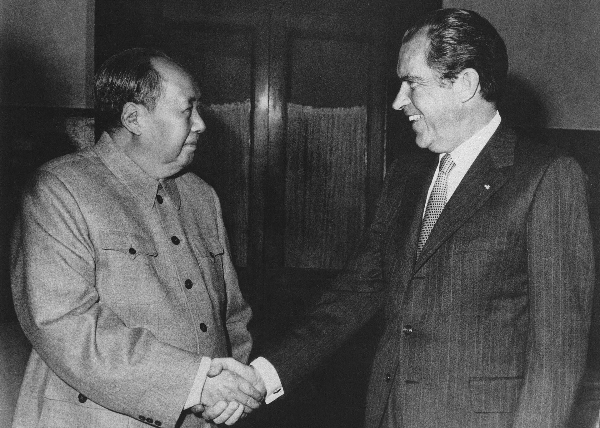 Richard Nixon shaking hands with Mao Zedong in Beijing during the February 1972 visit to China