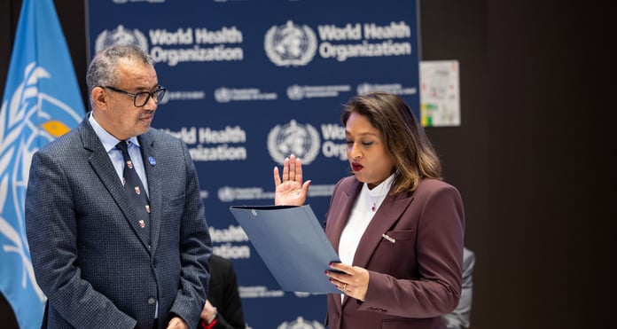 Saima Wazed raises her right hand to take the oath of office as WHO Regional Director for South-East Asia, with Director-General Tedros Adhanom Ghebreyesus standing beside her