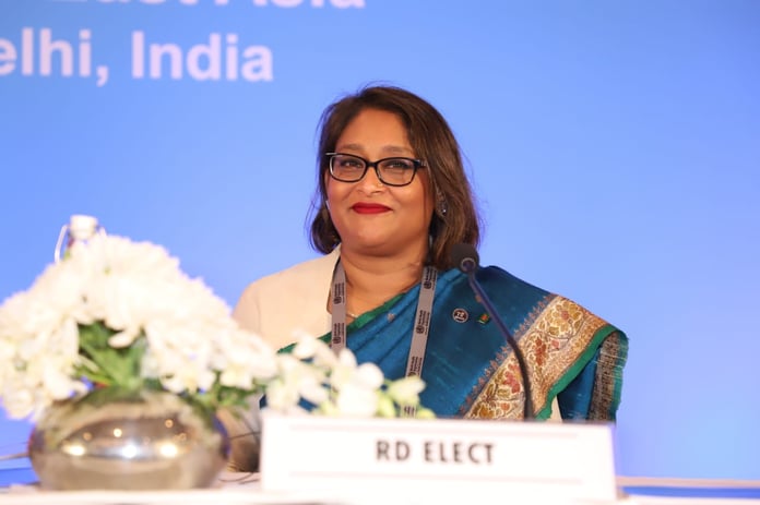 Saima Wazed seated behind an RD Elect nameplate at the WHO South-East Asia Regional Committee session in New Delhi