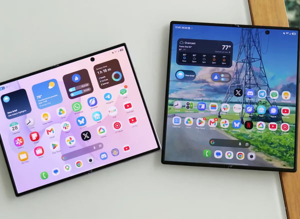 Samsung Galaxy Z Fold 8 open beside the Z Fold 8 Ultra showing the 7.6-inch inner display