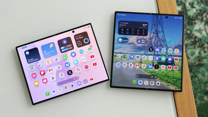 Samsung Galaxy Z Fold 8 open beside the Z Fold 8 Ultra showing the 7.6-inch inner display
