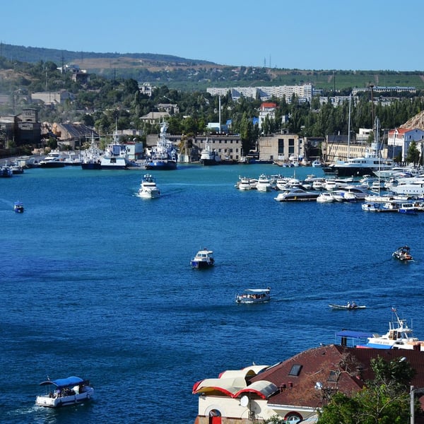 View of Balaklava Bay in Sevastopol, Crimea, as Russian air defenses intercept Ukrainian drones