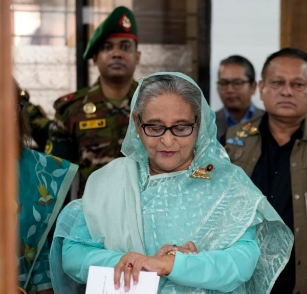 Sheikh Hasina, former prime minister of Bangladesh, casts her vote in Dhaka in January 2024