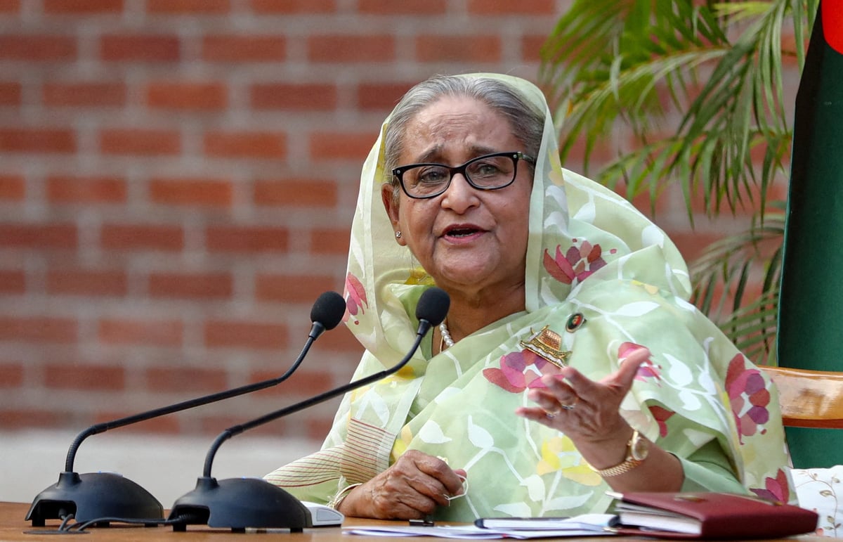 Sheikh Hasina addresses reporters at a press conference, speaking from exile in New Delhi