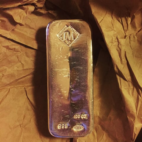 Silver rate today: a Johnson Matthey 100 troy ounce silver bullion bar stamped 999 fine