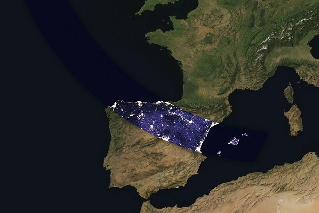 Satellite map showing the path of totality for the August 12 2026 total solar eclipse crossing Europe