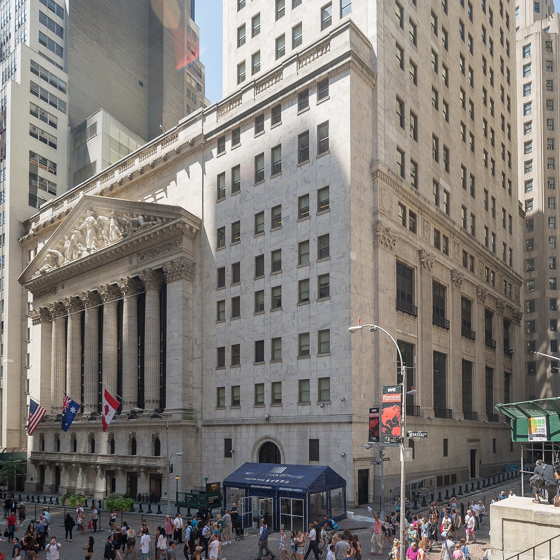The New York Stock Exchange building at the corner of Broad and Wall Street, the listing venue behind much of the S&P 500