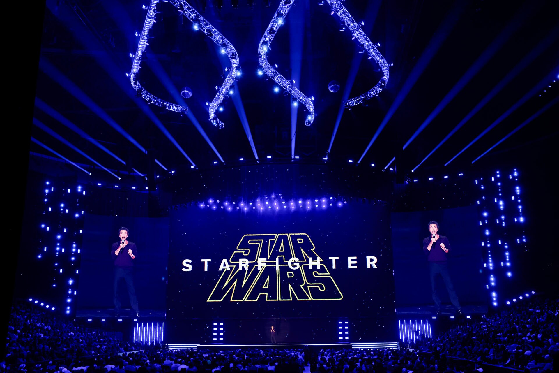 Director Shawn Levy on stage at D23 2026 presenting Star Wars Starfighter with Ryan Gosling