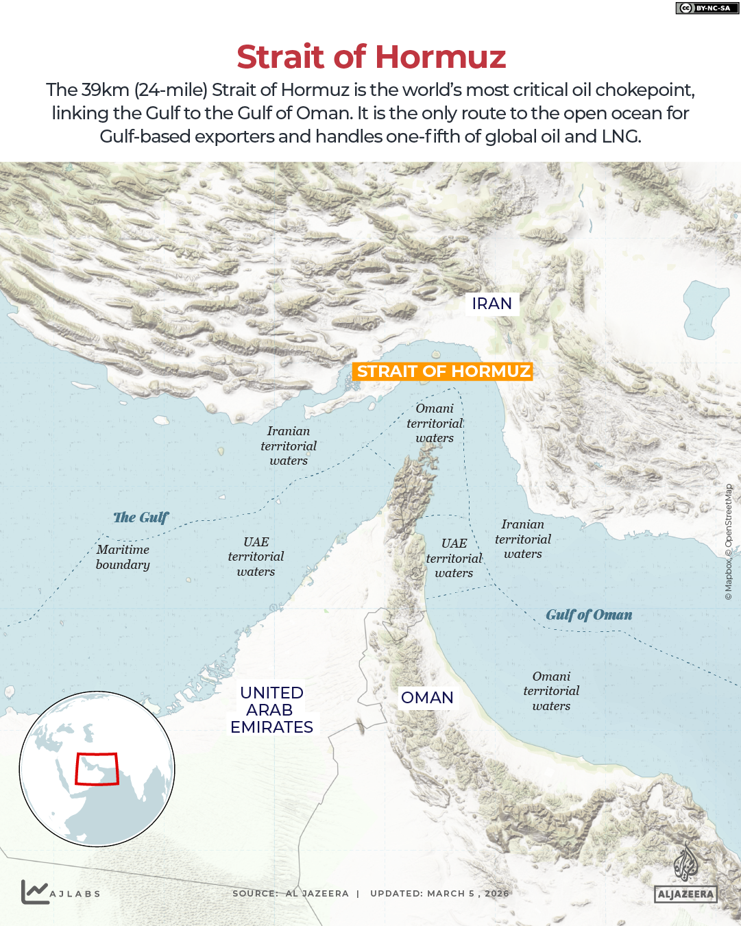 Map of the Strait of Hormuz showing Iran and the Omani southern corridor