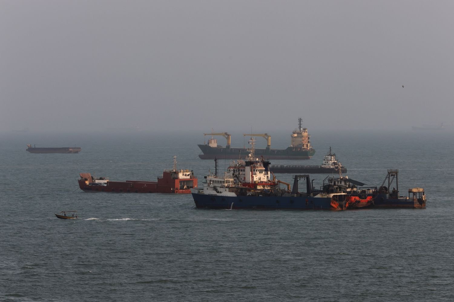 Ships anchored in the Strait of Hormuz, the shipping route at the centre of the US sanctions campaign on Iran