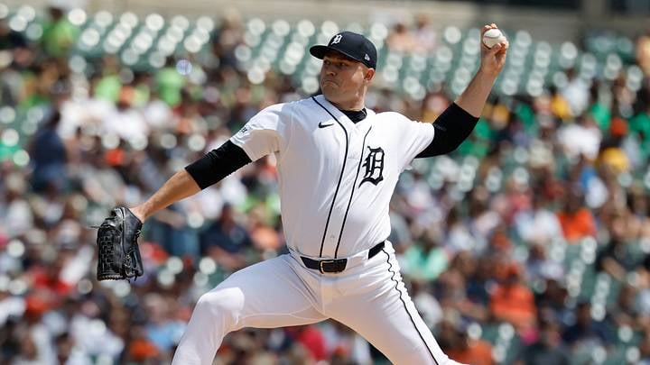 Tarik Skubal pitching for the Detroit Tigers at Comerica Park before his trade to the Los Angeles Dodgers