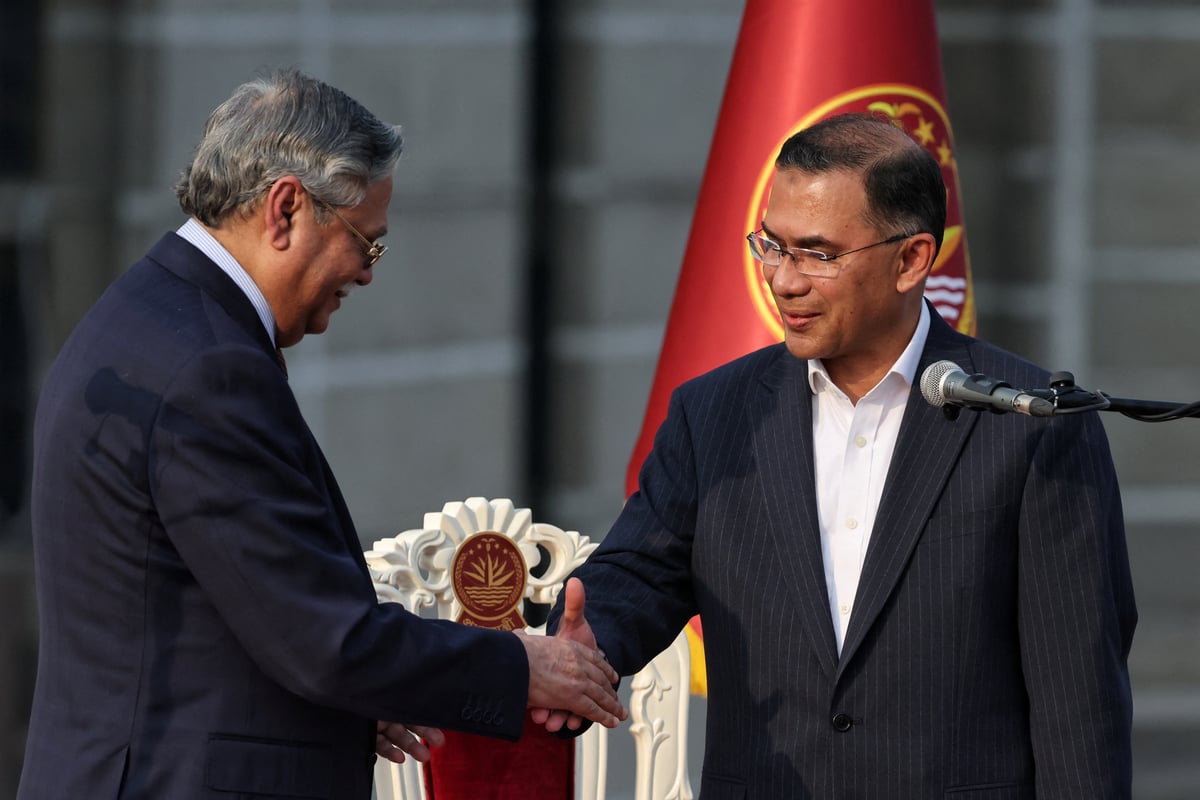 Tarique Rahman shakes hands with President Shahabuddin at Bangladesh parliament oath ceremony February 2026