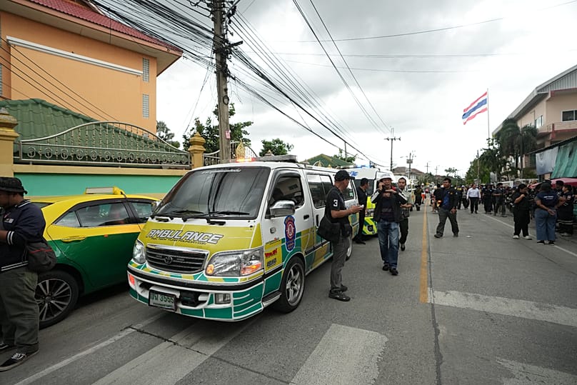 Scene outside Debsirin Nonthaburi School after the shooting in Thailand, August 7 2026