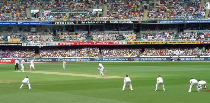 A general view of the Brisbane Cricket Ground, the Gabba, from the stands with the playing surface and floodlights visible